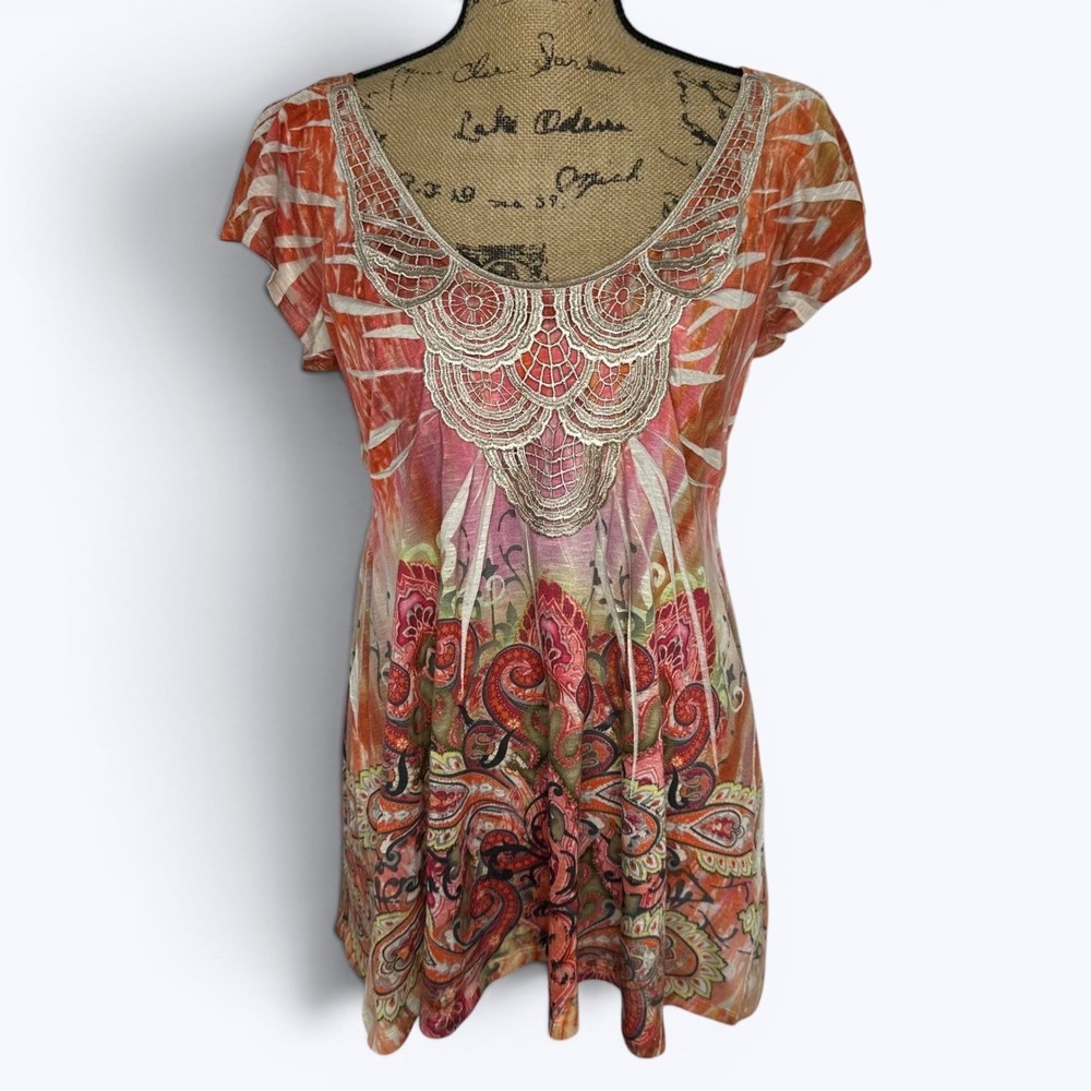 Unity World Wear Shirt Orange Paisley Crochet Lace Bib Boho Festival Y2K Sz L